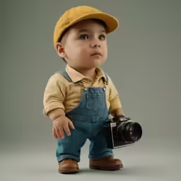 a baby holding a camera up to the sky