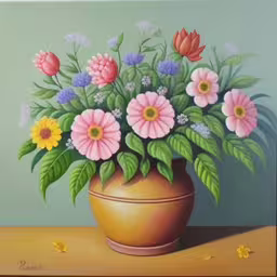 an oil painting of pink and yellow flowers in a pot,an oil painting of flowers in a vase