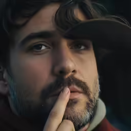 a man is looking down and to his right with a hat on
