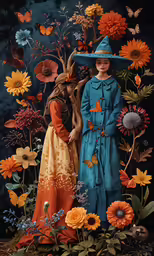a painting of two people standing in front of an arrangement of flowers