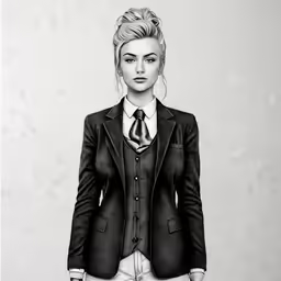 a woman wearing a black jacket and tie with her hands in her pockets