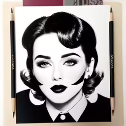 black and white drawing of a woman with make - up on her face