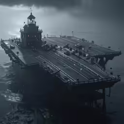 a boat in a body of water with dark clouds