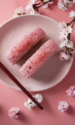 two food items on a plate with chop sticks