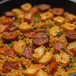 cooked ingredients including meat, rice and peppers in a pan
