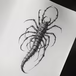 a spider drawn on paper next to some pen and ink