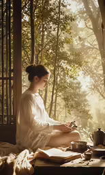 a woman sits at a table in the woods