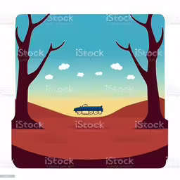 a vehicle driving in the middle of a desert in front of some trees,the car drives in the desert near trees and clouds
