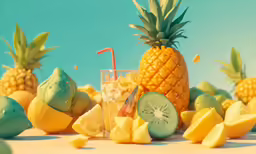 two pineapples and one cut - up banana sit next to a smoothie in a glass