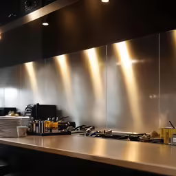 a shiny kitchen with black cabinets and lights
