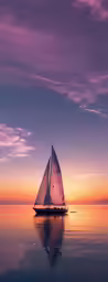 sail boat in the ocean with purple and blue sky