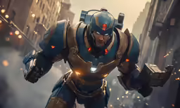 a man in blue armor on a street