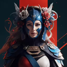 a female character in costume, with flower crowns