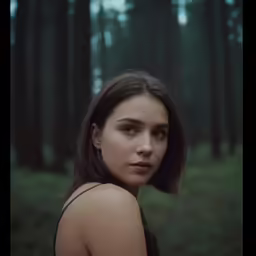 the woman has dark brown hair and is looking directly into the camera