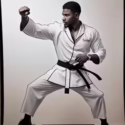 a man in white shirt and black pants with white belt
