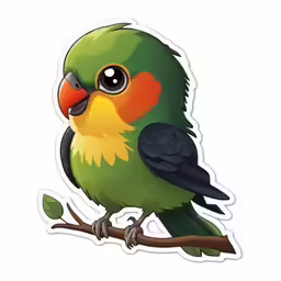 a green, orange and black bird on a branch