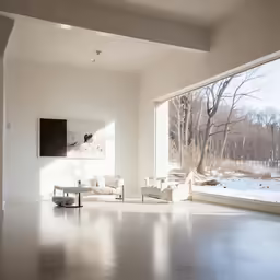 a large open living area with a nice window