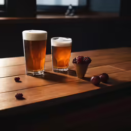 two glasses with wine and fruit on a table