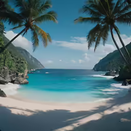two palm trees sticking out of the water at the shore of a tropical beach