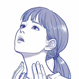 a woman holding her neck with both hands