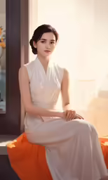 an oriental girl sitting down in front of a window