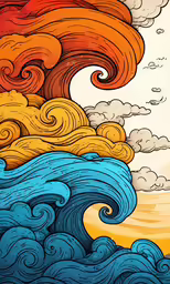 a drawing of an ocean wave and clouds in red, yellow and blue
