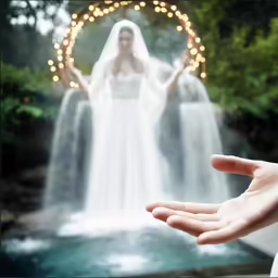 a woman in wedding dress holding out her hand to show herself her wedding gown