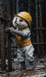 teddy bear dressed as a gentleman in yellow hat and overalls