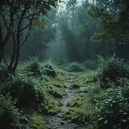 a path in a green wooded area with trees and moss growing