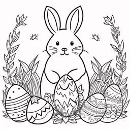 coloring page easter bunny surrounded by eggs and leaves