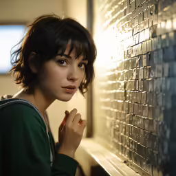 a woman looking on as she stands in front of a brick wall