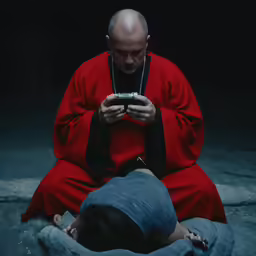 a man holding a cell phone near another person