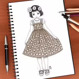 a drawing is shown on the desk next to a crayon pencil,the drawing is next to some pens and pencils