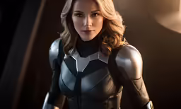 a female in a black leather suit stands in a darkened room