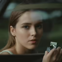a beautiful young lady holding up a camera