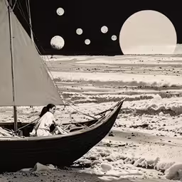 an image of a woman in the boat,a small boat with two people in it on the beach