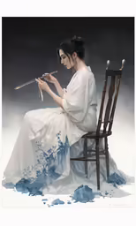 a woman is sitting in a chair with blue paint