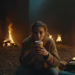 a woman is sitting down and drinking from a cup