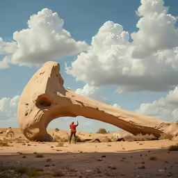there is a man standing in front of a large boulder