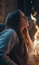 a woman holding her hand on her shoulder, sitting by a fire