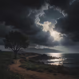 a tree stands near the shore under a stormy sky