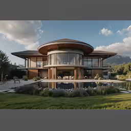 a large round shaped house with a pool in front