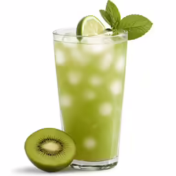 a glass filled with green juice and a slice of kiwi