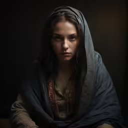 the woman is wearing a blanket in her head
