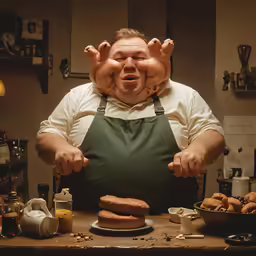 a giant man with large breasts standing in front of a counter holding several doughnuts on it