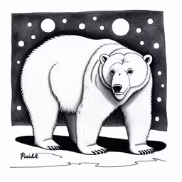 a bear that is standing in the snow,a drawing of a polar bear with phases around it,a white bear with bubbles on the black and white paper,a polar bear standing in the snow,a drawing of a polar bear walking through the snow