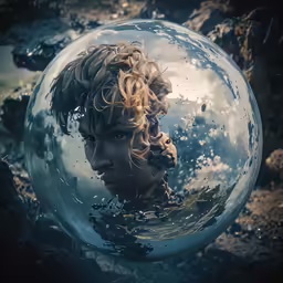 a boy wearing headphones is inside a crystal ball