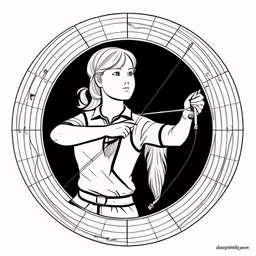 a woman in a circle, aiming her bow at the target,the girl is playing archery with an arrow,a woman is holding a bow in her hand,a woman in the middle of a drawing with a bow and arrows,a black and white drawing of a female archer