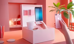 the woman is holding her phone as she looks at it in her white box