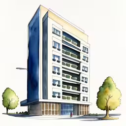 a painting of an apartment building that looks like a spiral building,an artist
